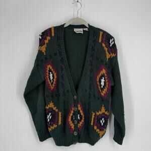 Vintage cardigan sweater womens medium M green embroidered knit grandpa fall